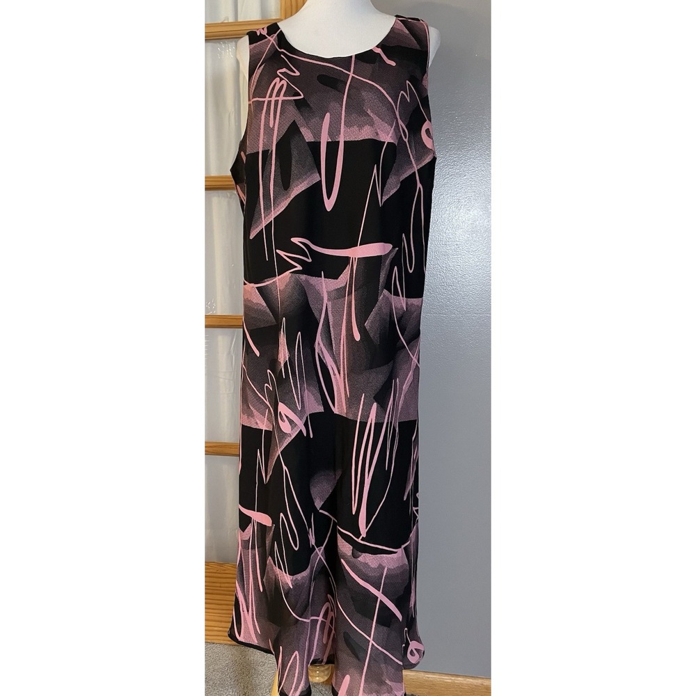 Vtg 90s Dress U II Midi Dress Sz 24 Pink Black Abstract Sleeveless Boho Party